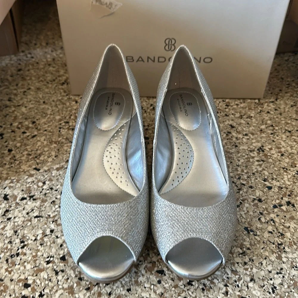 Bandolino Silver Sparkle Peep-Toe Wedge Pumps